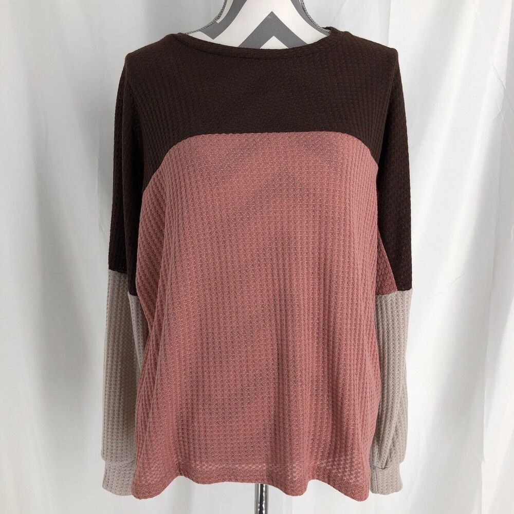 Miss Sparkling Color Block Waffle Knit Balloon Sleeve Long Sleeve Top Small